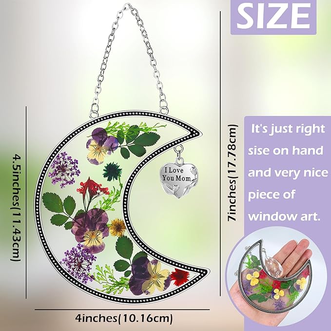 KY&BOSAM Moon Suncatcher Mom Gifts Stained Glass for Window Hangings Wind Chimes Decor with Pressed Real Flower and Metal I Love You Mom Heart Charm Birthday Gift for Women Mother`s Day Christmas