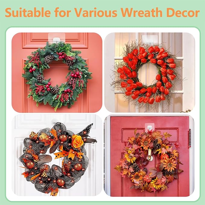 JUUBAOOPN 8 Pack Heavy-Duty Wreath Hangers for Front Door – Seasonal Christmas & Halloween Decorations, Over-The-Door Hooks Organizer, Clear Adhesive Hooks