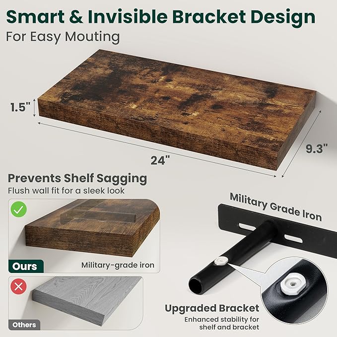 Floating Shelves for Wall 24 in x 9.3 in Deep, Wall Mounted Rustic Wood Shelf with Invisible Brackets for Storage & Display, Living Room Bedroom Bathroom, Brown, 2 Pack