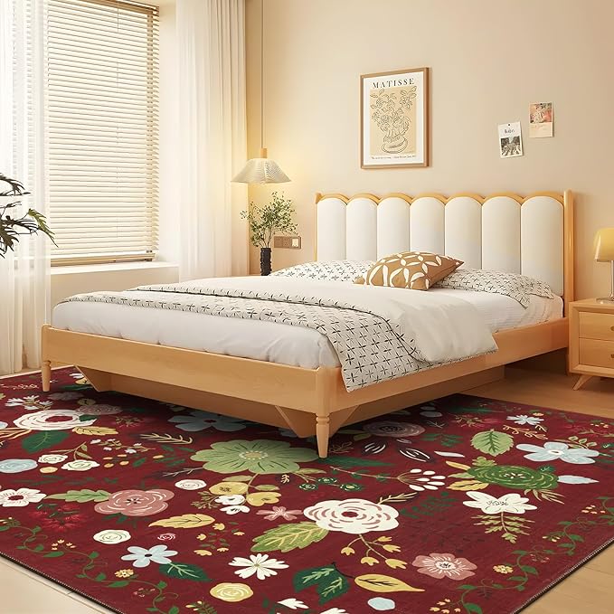 U'Artlines Red Christmas Area Rug 8x10,Floral Large Rugs for Living Room, Non Slip Non Shedding Floral Vintage Low Pile Carpet for Bedroom, Dining Room,Classroom,Farmhouse,Office (Red)