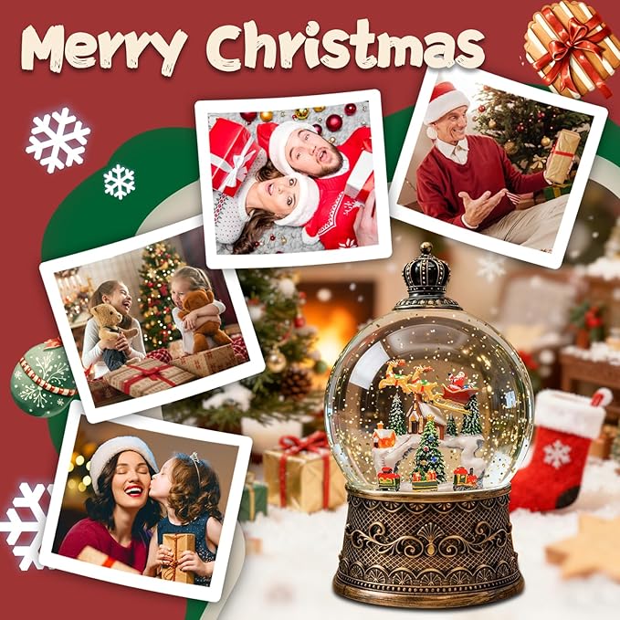 Christmas Snow Globes Lantern, Santa Claus and Reindeer Christmas Decorations Indoor, 6H Timer Battery & USB Powered Light Up Musical Snow Globes for Kids Women Adults Gift Thanksgiving Home Decor