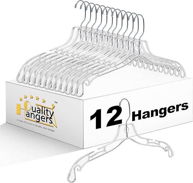 Quality Clear Hangers 12 Pack - Crystal Hangers for Clothes - Durable Plastic Hanger Set - Invisible Dress for Suits - Heavy Duty - Nonslip Coat and Shirt