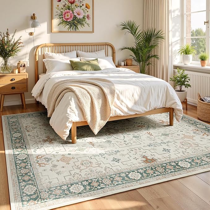 Lessymo 8x10 Washable Rug for Living Room, Cream Green Area Rug for Bedroom Dining Home Office Nursery Room, Soft Non-Slip Vintage Floral Oushak Carpet, Boho Tribal Farmhouse Decor