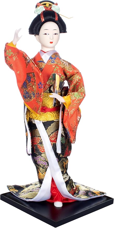 ALAMIYA Home Decoration Asian Japanese Geisha Kimono Doll Collectible Figurine Gift with Paper Fan