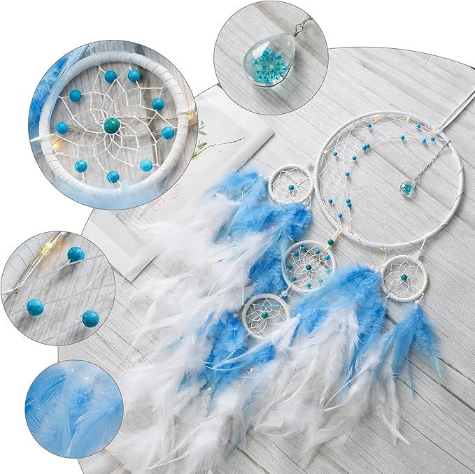 KHOYIME LED Light Up Dream Catcher Half Circle Moon Decor with Lights Handmade Feather Dreamcatchers for Bedroom Bohemian Home Decor Wedding Ornament Craft Gift for Girls Boys (Blue)