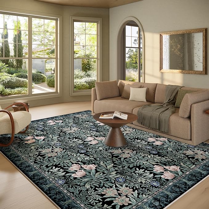 Washable Area Rugs 8x10 Black Green Vintage Floral Botanical Pattern,Perfect for Living Room, Bedroom, Kids Room, Nursery - Stain & Water Resistant Non-Slip, Pet & Child Friendly/Bedroom Decor