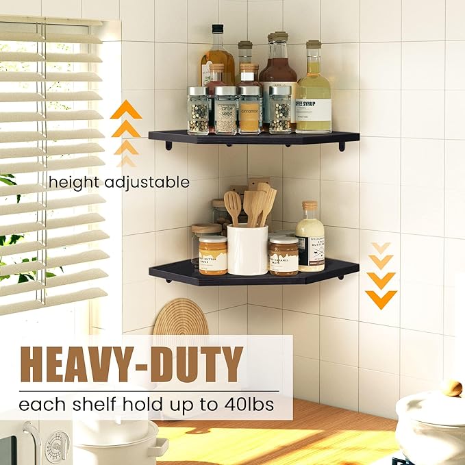 Fun Memories Corner Shelf Wall Mount, Floating Corner Shelves, Set of 2 Corner Wall Shelf Organizer, Rustic Wood Wall Storage Display Shelves for Living Room Bedroom Bathroom Kitchen, Classic Black