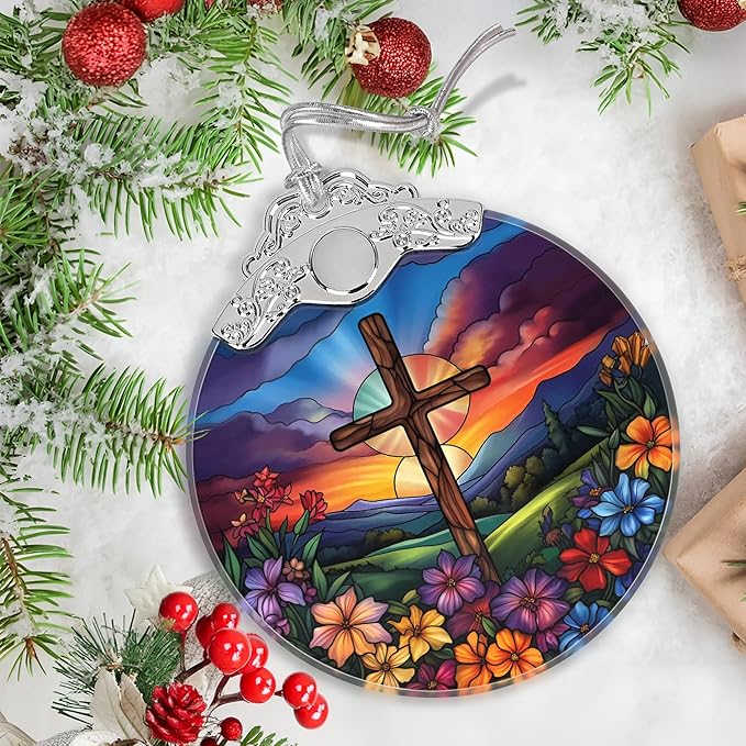 Cross Spring Flower Stained Glass Orament - Christmas Ornament - Christmas Decorations for Tree - Holiday Present ldeas - Gift Exchange
