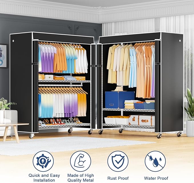 P8C Max Heavy Duty Clothes Rack（With Extended Width Design） Rolling Clothing Racks for Hanging Clothes with Lockable Wheels，51.2"W x 15.8"D x 80.5"H，Load 700LBS，White Rack with Black Cover