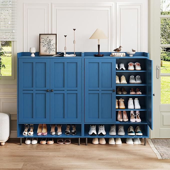 Blue 7+1 Tier Farmhouse Shoe Storage Cabinet - 45" Tall Entryway Organizer with Cross Molding Doors, 3 Adjustable Shelves & Metal Legs, Shoe Rack for Front Door Entrance