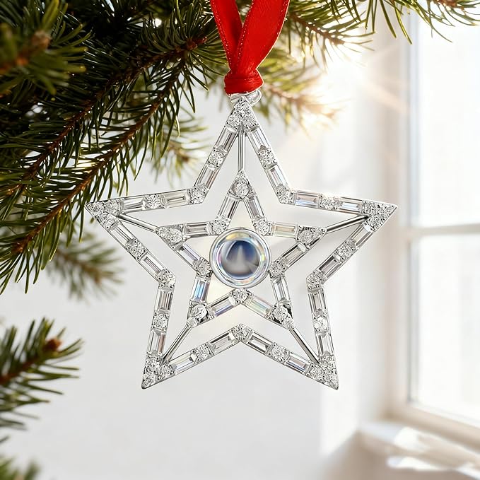 Set of 3 Christmas Hanging Ornaments - Silver Snowflake Star Pawprint Christmas Tree Decor for Xmas Tree Gift Decorative Hanging Ornaments Hanging Pendants (3, Silver Star)