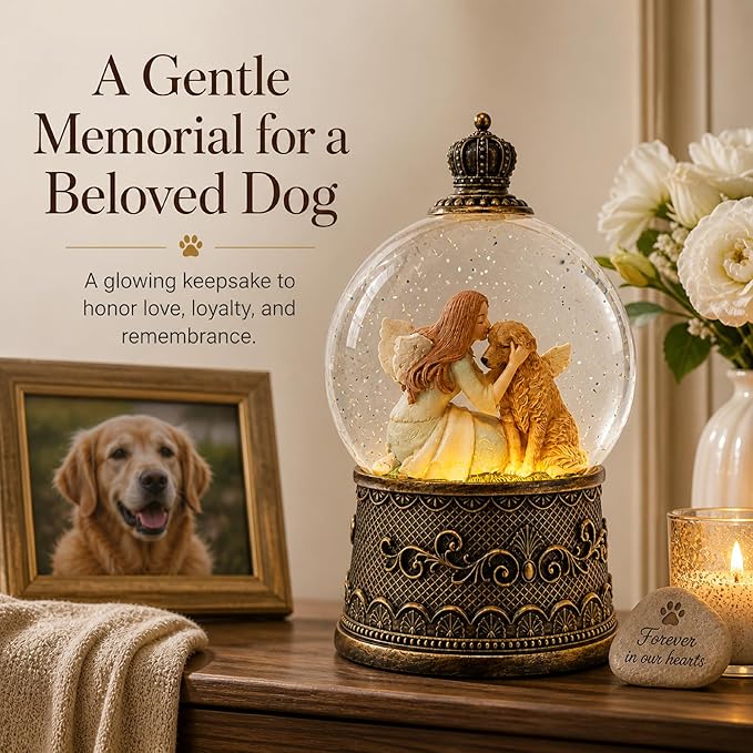Dog Memorial Gifts for Loss of Dog Sympathy Gift，Snow Globe with Auto Swirling Glitter & 6H Timer, Battery or USB Powered, Dog Passing Away Gifts for Home Decor