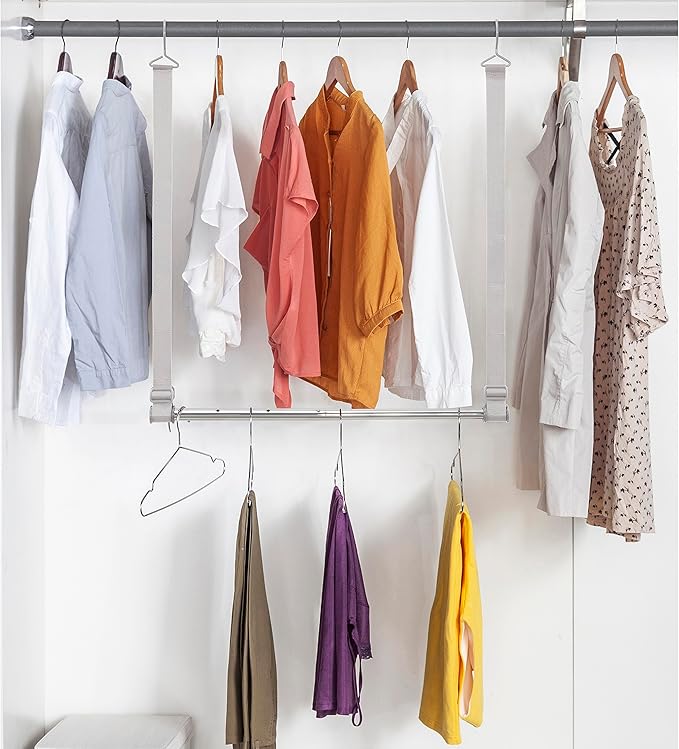 STORAGE MANIAC Hanging Closet Rod, Adjustable Width and Height Closet Hanging Organizer, Space-Saving Clothes Hanging Bar, Closet Extender Hanging Rod Double Closet Hanging Rod, 2 Pack Webbing