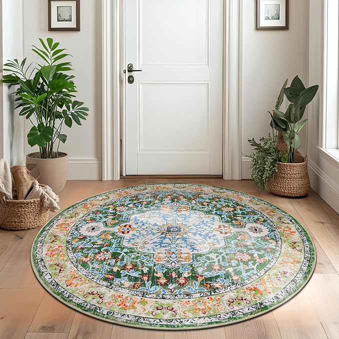U'Artlines Boho Round Vintage Area Rug 4ft Machine Washable Low Pile Soft Floor Carpet Non Slip Non Shedding Accent Rug for Living Room Bedroom Entryway Dining Room Office Green