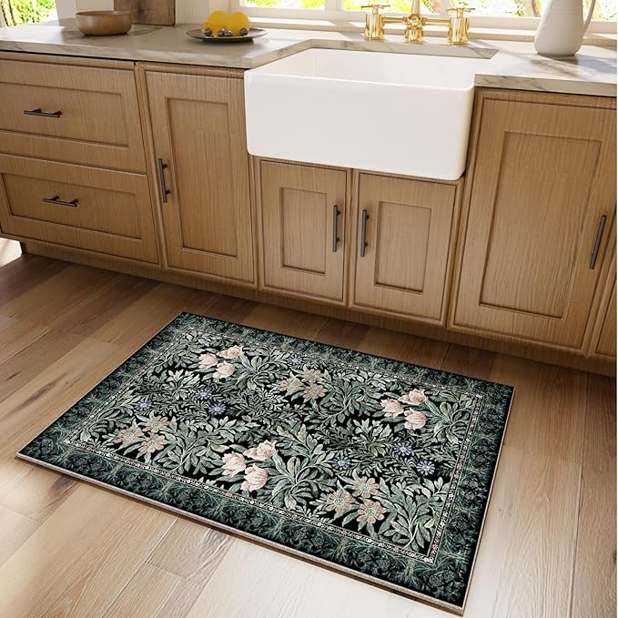 Washable Entryway Area Rugs 2x3 Black Green Vintage Floral Botanical Pattern,Perfect for Soft Door Mat Indoor Entrance, Ultra-Thin Easy Clean Small Throw Carpet for Bedroom Bathroom