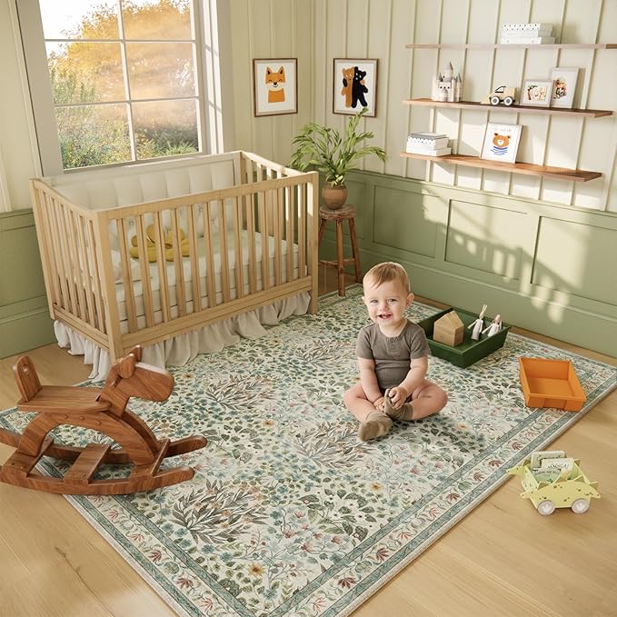 Beige Blue Area Rug 5x7 - Vintage Washable Floral Rug for Living Room, Bedroom, Nursery & Entryway - Low Pile, Non-Slip, Stain Resistant, Retro Indoor Carpet