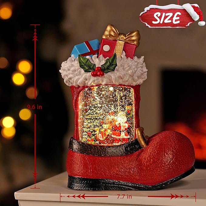 Christmas Snow Globe with Santa Claus Gifts - Lighted Musical Snow Globe Christmas Decorations with Timer, Swirling Glitter, Battery/USB Powered, Holiday Decor(Santa Claus Boots)