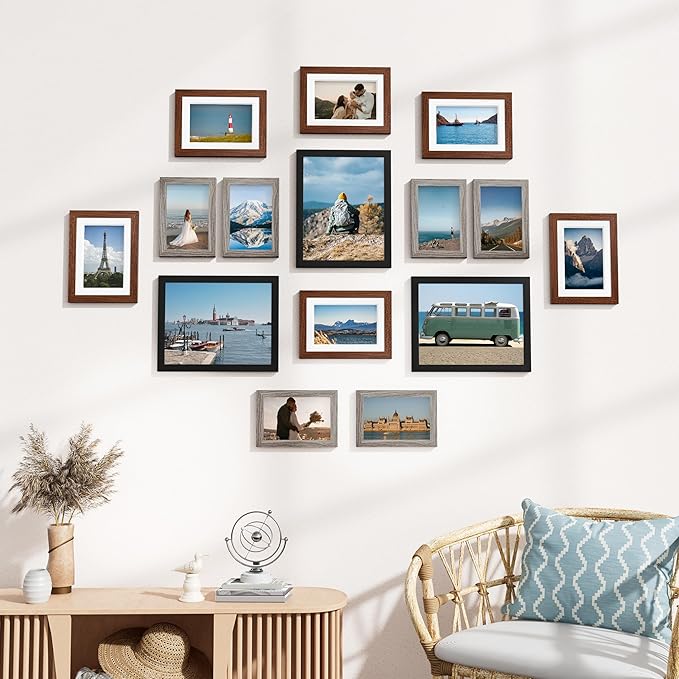 Vittanly 15 Pack Picture Frames Collage Wall Decor for Mounting or Tabletop Display, Gallery Frame Set Including 3pcs 8x10, 6pcs 5x7, 6pcs 4x6, Black, Walnut Brown and Dark Grey