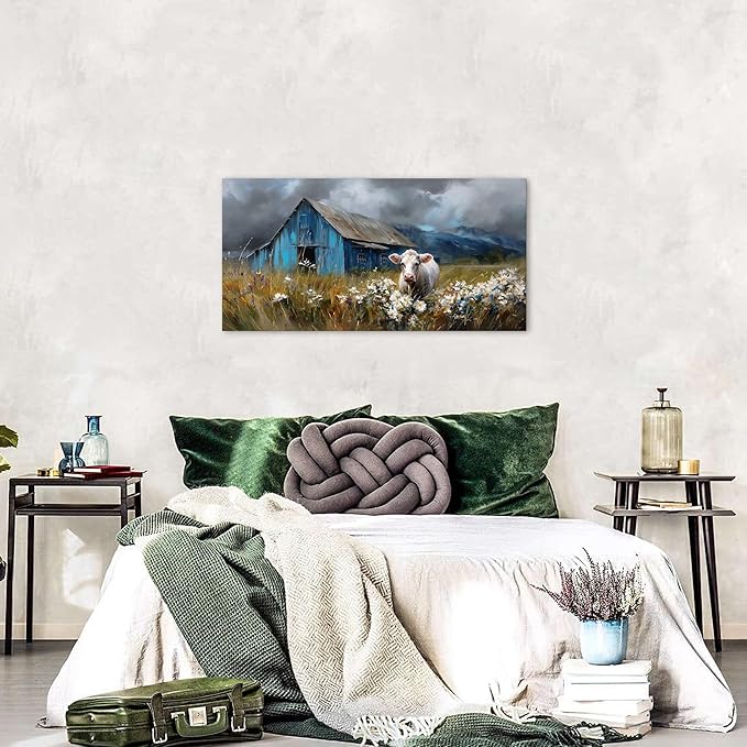 Farmhouse Barn Wall Art Cow Pictures Wall Decor Rustic Blue Barn Landscape Kitchen Wall Decor Country Wildflower Meadow Field Canvas Prints Artwork for Living Room Dining Room Home Decoration 20x40"