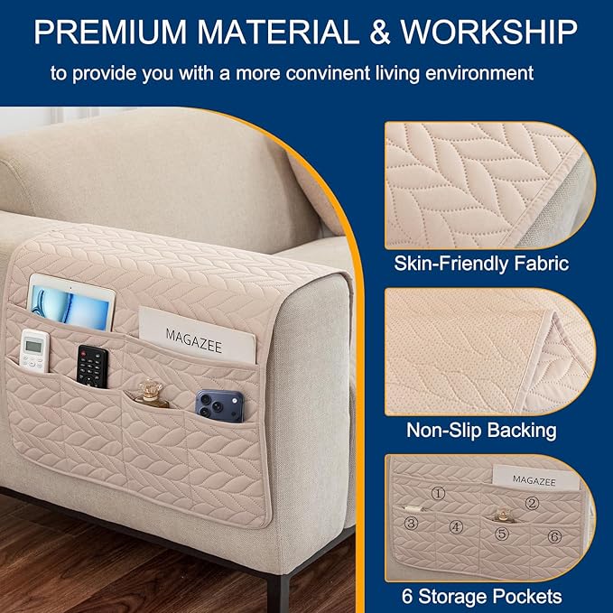 Remote Control Holder for Armchair, Couch Caddy Organizer TV Remote Holder for Recliner Couch With 6 Pockets, Non-Slip Arm Chair Caddy Bedside Table Organizer for Magazine, Tablet, Phone (Off-White)