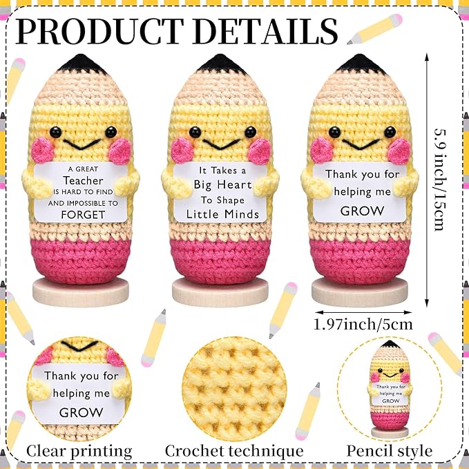 Wavwavw 3 Pack Teacher Appreciation Gift Positive Flower Handmade Crochet Doll Thank You for Helping Me Grow Gifts Back to School Gifts for Women Teacher(Pencil)