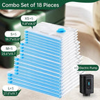 BRODI 18 Combo Pack Travel Vacuum Bags with Pump - Space Saver & Travel Essentials, Clothing & Luggage Vacuum Seal Bags