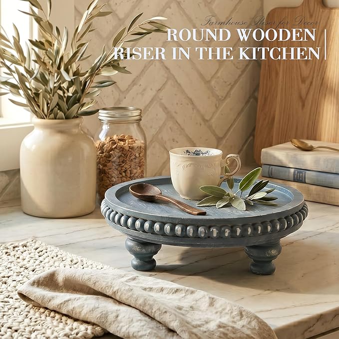 EOSAHR Round Pine Wooden Riser with Beaded Edge for Home Decor - Decorative Tray for Coffee Table - Coastal Pedestal Stand for Indoor Plants, Kitchen Sponge Holder & Perfume Organizer (Blue)