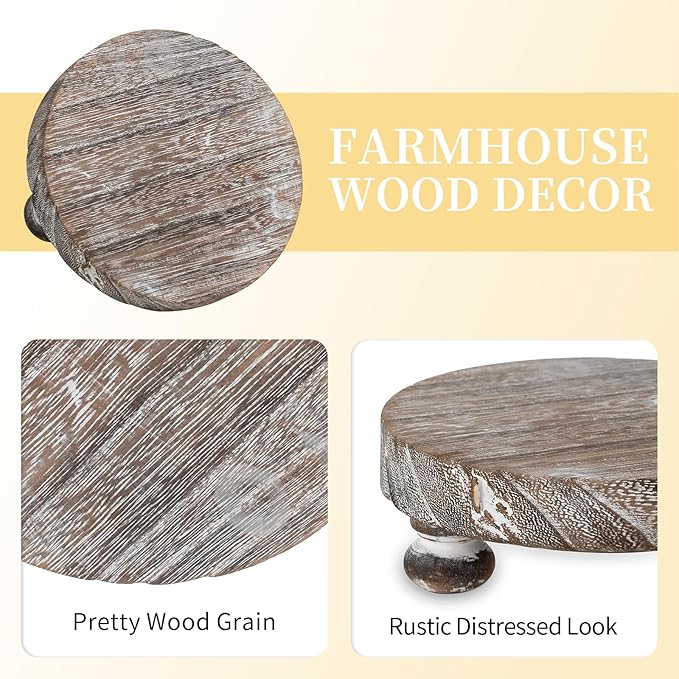 Romadedi Farmhouse Wood Riser for Display- 4 pcs Rustic Decor Mini Wooden Pedestal Stand Decorative Round Tray for Home Table Bathroom Counter Shelf Kitchen, Whitewash