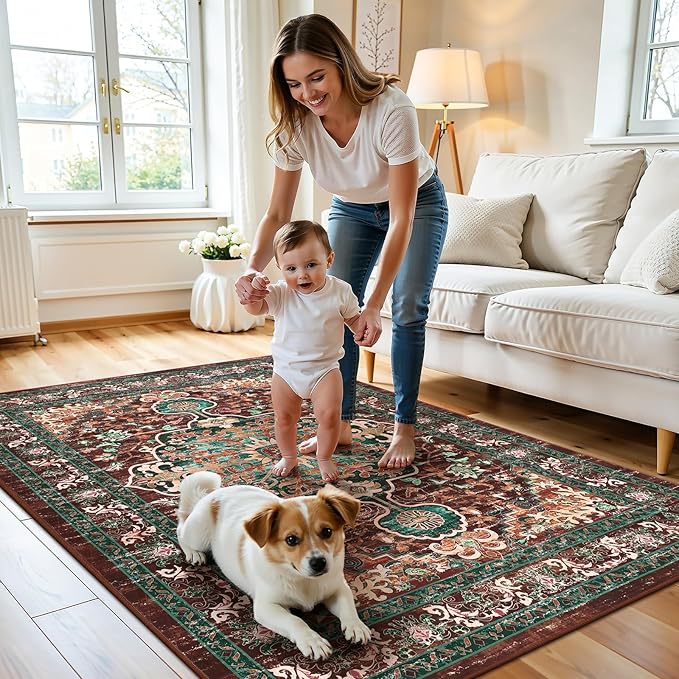 U'Artlines Boho Vintage Area Rug 4x6 ft Machine Washable Low Pile Soft Floor Carpet Non Slip Non Shedding Accent Rug for Living Room Bedroom Entryway Dining Room Office Rust＆Teal
