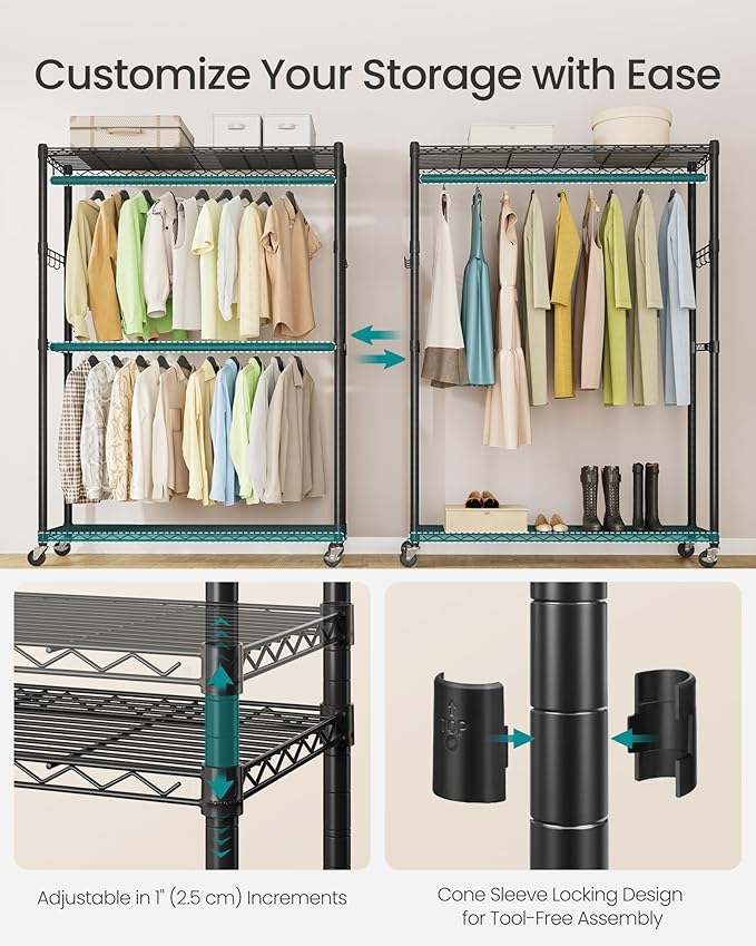 SONGMICS Heavy-Duty Rolling Clothes Rack, Garment Rack, Portable Closet on Wheels, with Adjustable Mesh Shelves and Hanging Rails, Hooks, 15.8 x 43.3 x 78.3 Inches, Ink Black ULGR417BH01