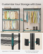 SONGMICS Heavy-Duty Rolling Clothes Rack, Garment Rack, Portable Closet on Wheels, with Adjustable Mesh Shelves and Hanging Rails, Hooks, 15.8 x 43.3 x 78.3 Inches, Ink Black ULGR417BH01