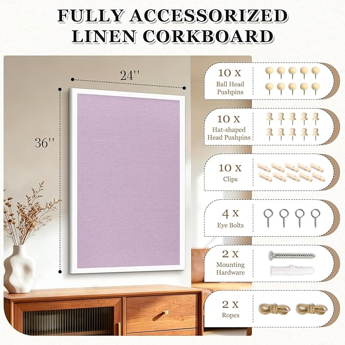 DOLLAR BOSS Bulletin Board with Linen Double-Sided 36" x 24" Linen Cork Boards for Walls Picture Display Vision Board for Office Home School Framed Picture Pin Board, 20 Pushpins 10 Clips, Purple