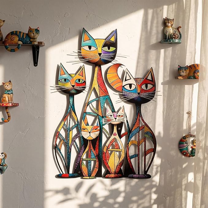 Wesiti Cat Wall Art Decor Iron Wall Sculptures Decor for Cats Lover 10.6 x 15.7 Inches Colorful Retro Mid Century Cat Signs for Home Living Room Bedroom Kitchen Office(Novel)