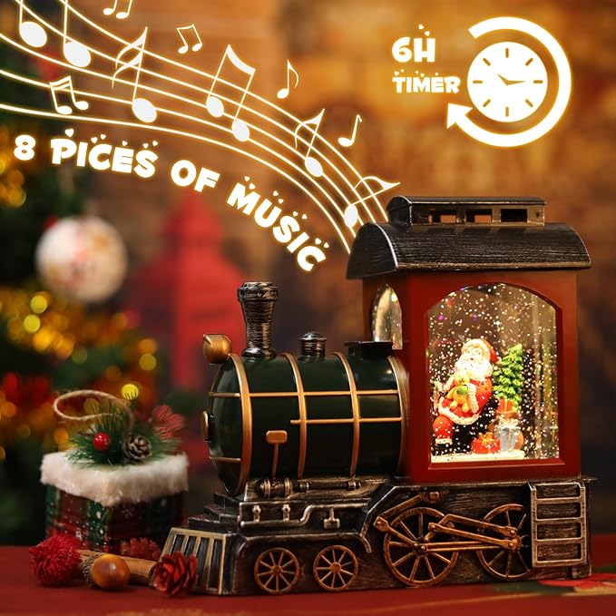 Santa Red Train Christmas Snow Globe Lantern-Glittering Light Up Musical Snow Globe Christmas Decorations, 6H Timer, USB & Battery Operated, Santa Indoor Home Décor