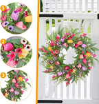 Spring Summer Wreaths for Front Door,22 Inch Artificial Tulip Wreath with Wildflowers,Eucalyptus Leaves for Indoor Outdoor Wall Porch Festival Farmhouse Home Holiday Decor.