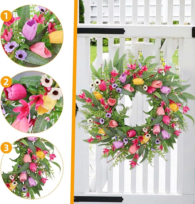 Spring Summer Wreaths for Front Door,22 Inch Artificial Tulip Wreath with Wildflowers,Eucalyptus Leaves for Indoor Outdoor Wall Porch Festival Farmhouse Home Holiday Decor.