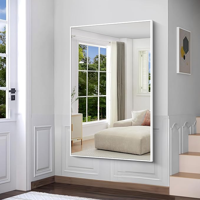 BONEWEI White Bathroom Mirror,55x36 inch Wall Mirror for Bathroom Wall Mounted,Large Rectangle Mirror for Bathroom Over Sink,Modern Metal Frame for Living Room,Bedroom Entryway,Horizontal/Vertical