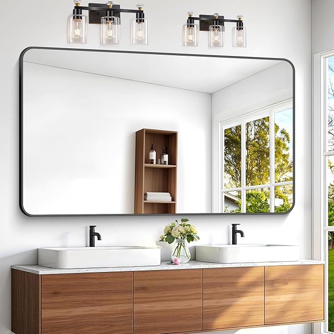 BONEWEI 60x36 inch Large Bathroom Mirror,Black Rectangle Mirror,Wall Mounted Bathroom Frame Vanity Mirror with Round Corner for Bedroom Living Room, Entryway Hangs Horizontal or Vertical