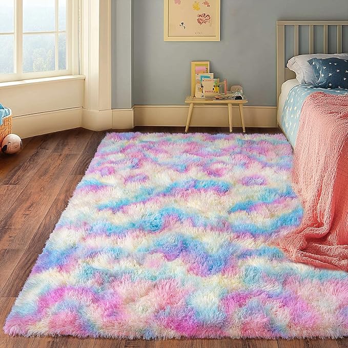 Rainbow Rug for Living Room, 6x9 Area Rug for Cute Girls Room, Bedside Indoor Floor Fluffy Shag Carpet, Plush Soft Rug for Bedroom Nursery Dorm Home Decor