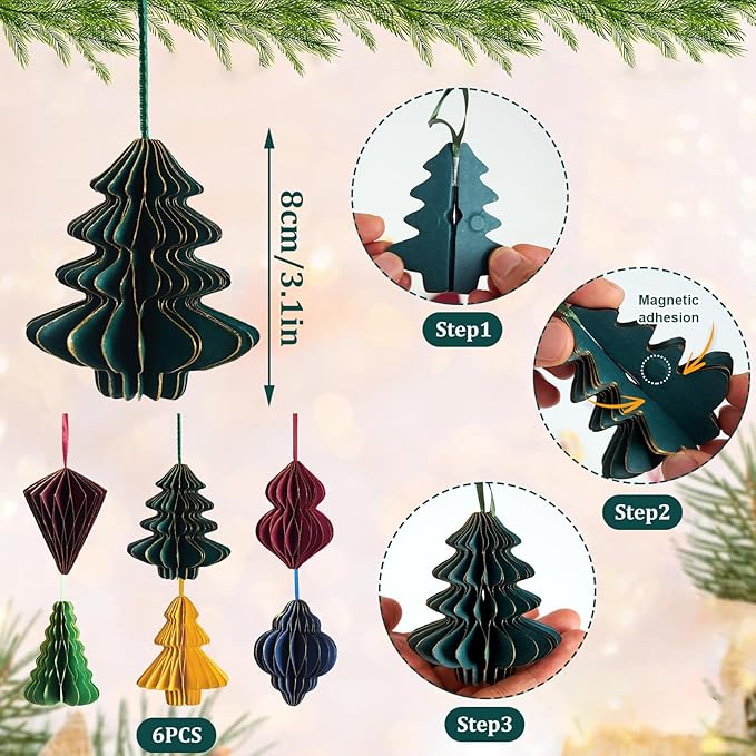 EASY JOY 6 PCS Christmas Honeycomb Paper Ornaments Paper Glitter Edged Small Christmas Tree Ornaments Decorative Hanging Ornaments for New Years Party,Winter Xmas Party,Holiday Home Decor