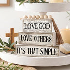 Moucuny 4 Pcs Christian Table Decor Rustic Wooden Block Sign Set with Love God Love Others It's That Simple Farmhouse Stacked Decor with Beaded Garland Tassel Christian Home Decorations for Home Shelf