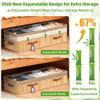 Livole 3 Pack Bamboo Under Bed Storage, 6-10 inches Height Adjustable Underbed Storage Containers, 92L XXXL Large Under Bed Storage Bins with Clear Lid & Label for Clothes, Blankets, Sweater, Shoes