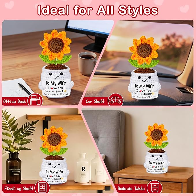 Gifts for Wife Her from Husband, To My Wife Handmade Crochet Mini Sunflower Doll, Valentines Anniversary Wedding Birthday Romantic Gifts for Women Her, Mothers Day I Love You Cute Sweet Gift for Wifey