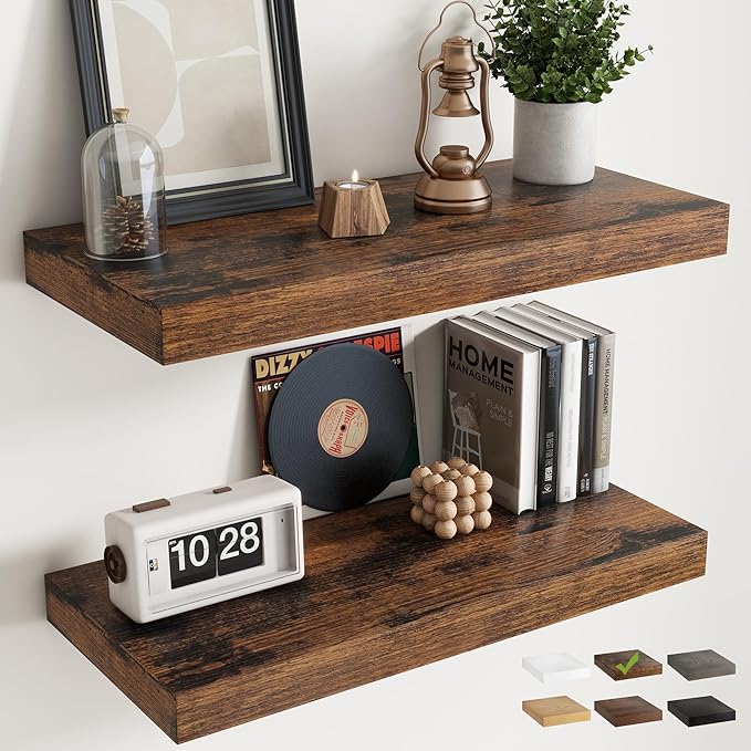 30 Inch Floating Shelves for Wall 2 Pack, 12"D Wood Grain Bathroom Shelves with Invisible Brackets, Easy Install Engineered Wood Storage Shelves for Kitchen, Living Room, Bedroom, Rustic Brown Finish