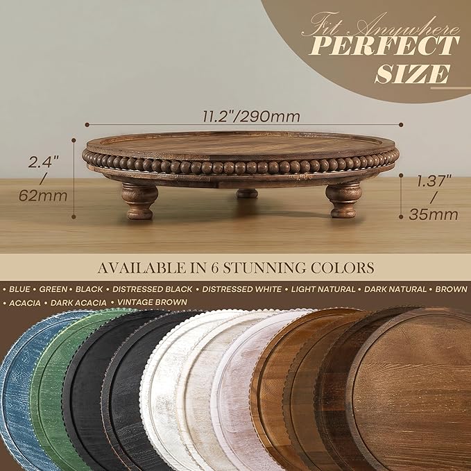 EOSAHR Beaded Round Display Riser for Room Decor – 3-Leg Wooden Pedestal Stand for Coffee Table, Cake Stand, Perfume & Vanity Organizer – Boho Home Decor for Living Room (Vintage Brown)
