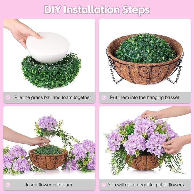 Artificial Flowers in Hanging Basket Planter for Home Spring Summer Decoration, Silk Hydrangea Outdoor Indoor Arrangements, 12" Metal Coconut Lining Basket with Faux Plant(Light Purple)