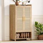 Narrow Shoe Cabinet with 2 Doors, 6-Tier Rattan Tall Shoe Storage Cabinet with 2 Adjustable Shelves & Wooden Legs, 46.3"H Slim Shoes Rack Organizer Cabinet for Entryway, Hallway, Natural Oak