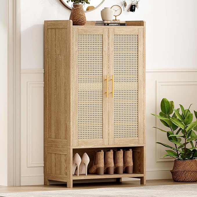 Narrow Shoe Cabinet with 2 Doors, 6-Tier Rattan Tall Shoe Storage Cabinet with 2 Adjustable Shelves & Wooden Legs, 46.3"H Slim Shoes Rack Organizer Cabinet for Entryway, Hallway, Natural Oak