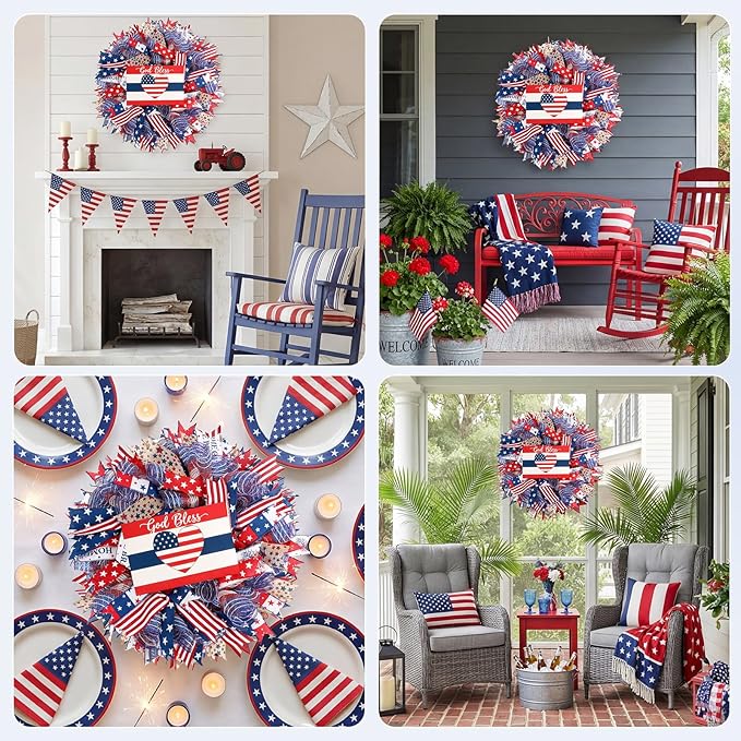 Patriotic Wreath for Front Door, 24 inch 4th of July Decorations with Red White Blue Flag Tags for 250th Anniversary American Independence Day Memorial Day Decor