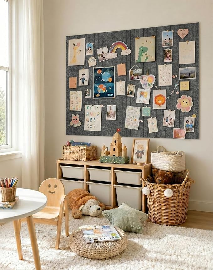 Aothia 12-Pack Felt Bulletin Board Tiles 48"x36", Modular Pin Board for Smooth Walls, Cork Board Alternative for Notes & Photos, 0.35" Thick, 70 Adhesive Tabs & 40 Pins, Charcoal Gray